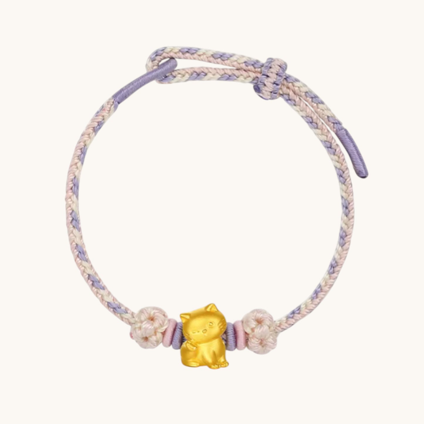 24K 999 Gold Cute Kitty Cat Charm Rope Adjustable Bracelet