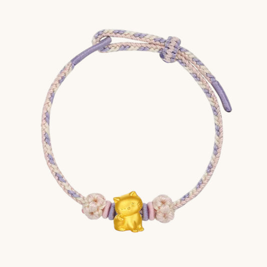 24K 999 Gold Cute Kitty Cat Charm Rope Adjustable Bracelet