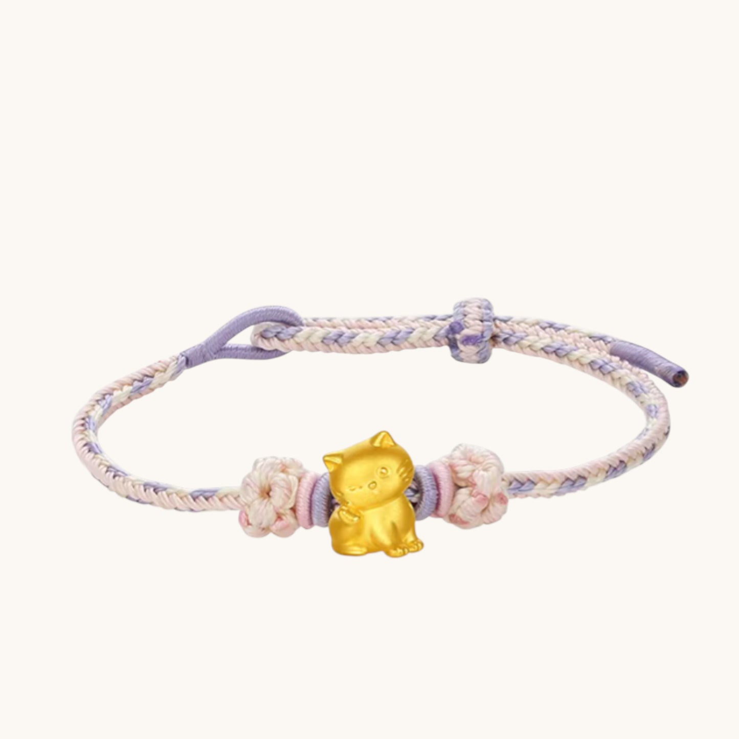 24K 999 Gold Cute Kitty Cat Charm Rope Adjustable Bracelet