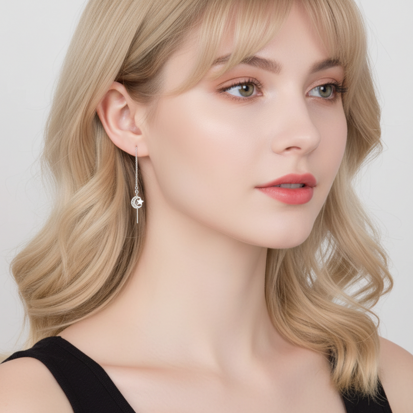Pt950 Minimal Moon and Star Threader Earrings