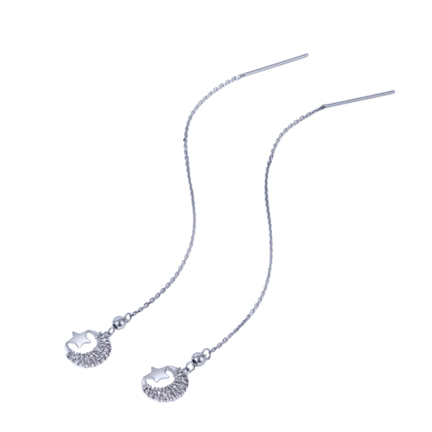 Pt950 Minimal Moon and Star Threader Earrings