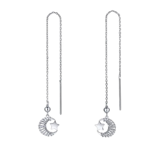 Pt950 Minimal Moon and Star Threader Earrings