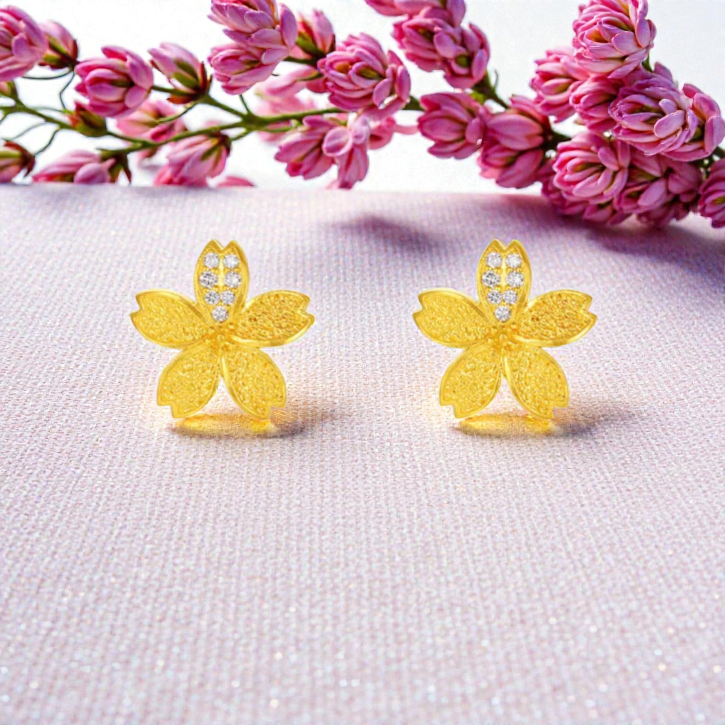 24K 999 Gold Cherry Blossom Diamond Flower Stud Earrings