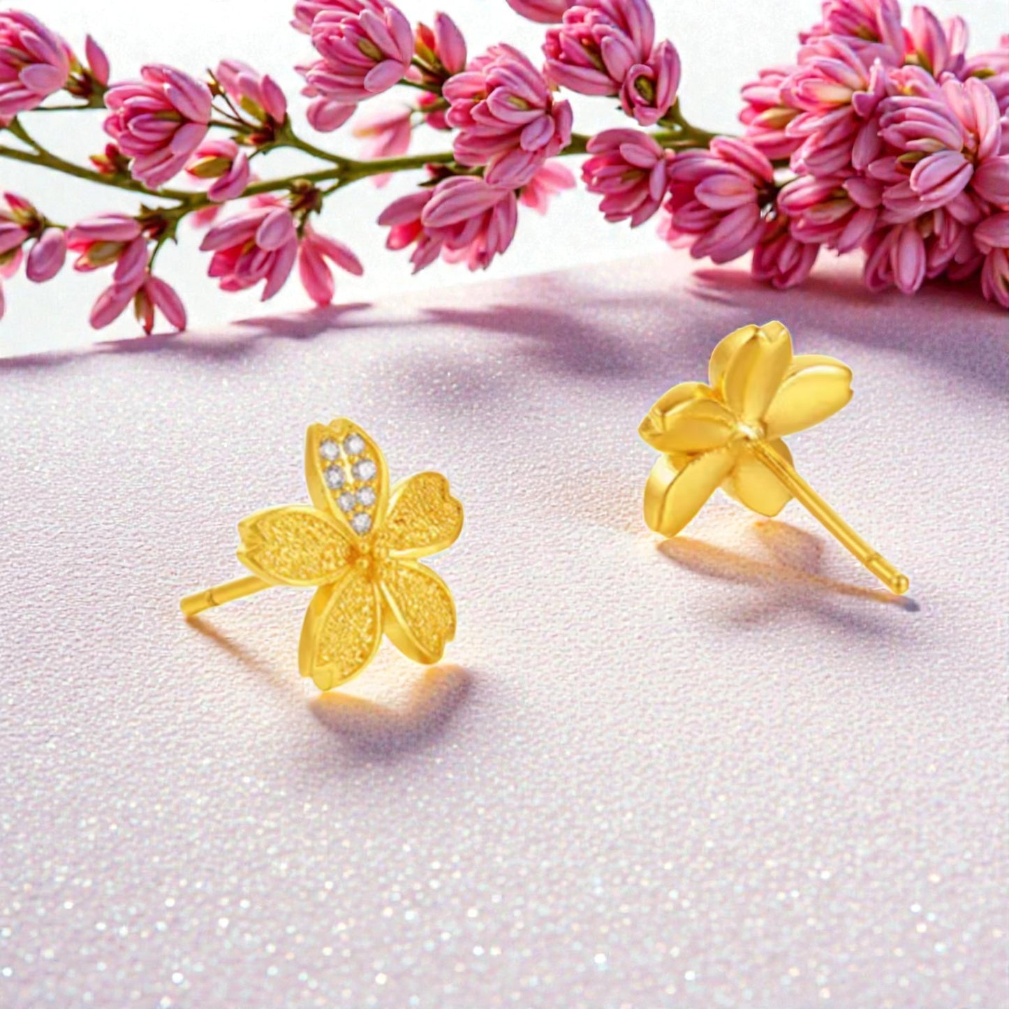 24K 999 Gold Cherry Blossom Diamond Flower Stud Earrings