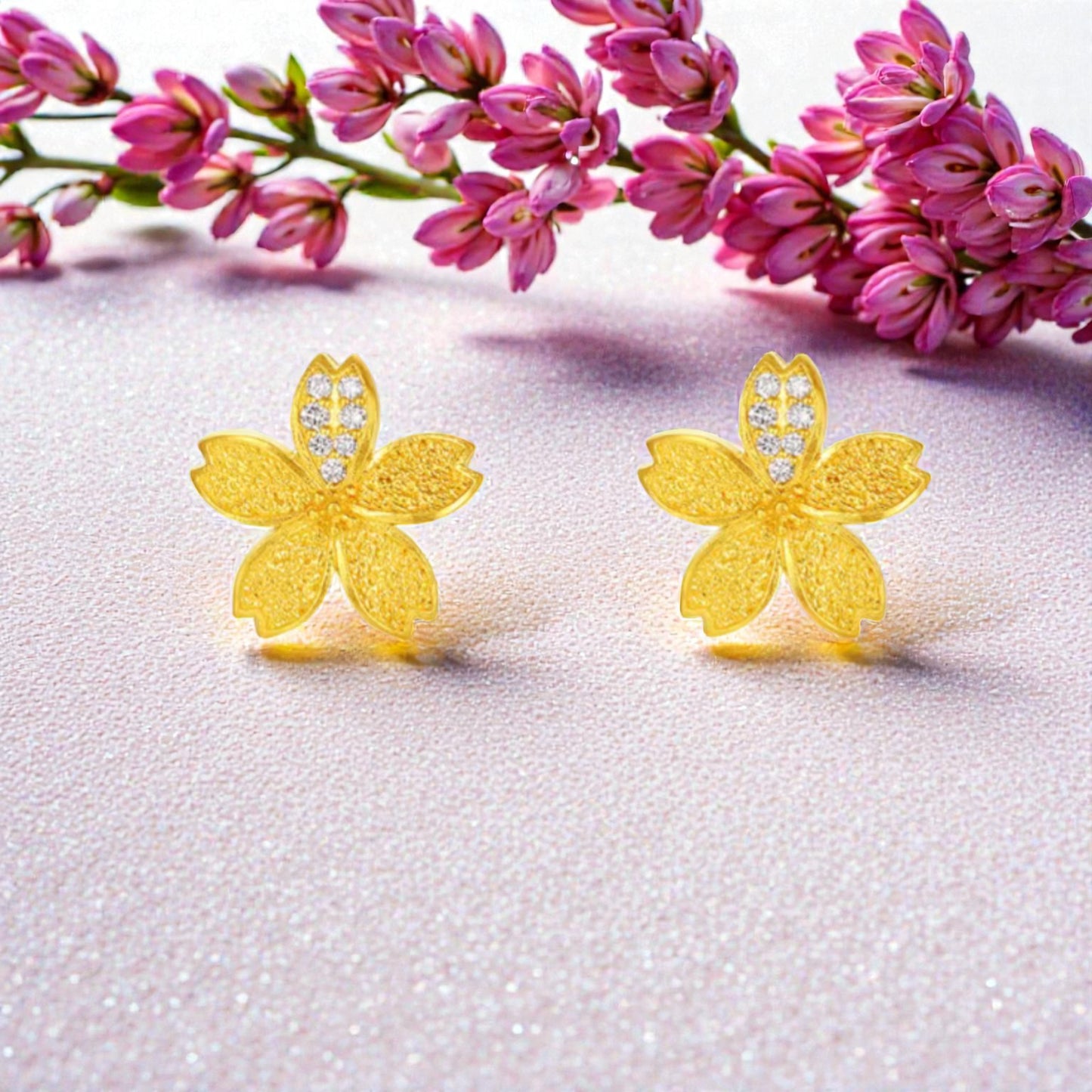 24K 999 Gold Cherry Blossom Diamond Flower Stud Earrings