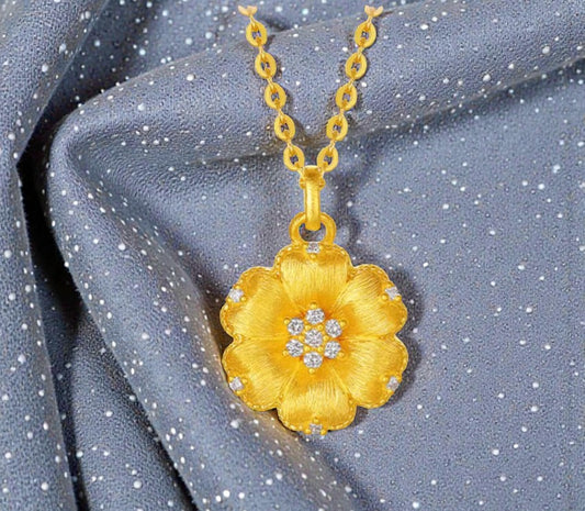 24K 999 5G Gold Flower Diamond Pendant Necklace