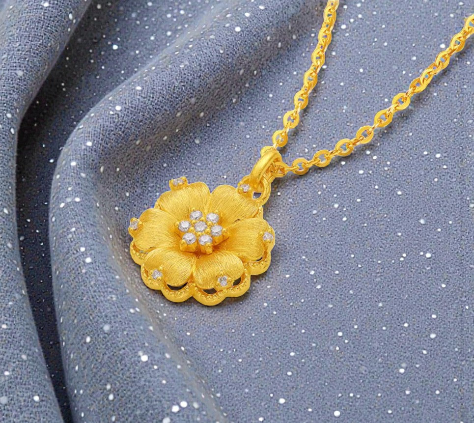 24K 999 5G Gold Flower Diamond Pendant Necklace