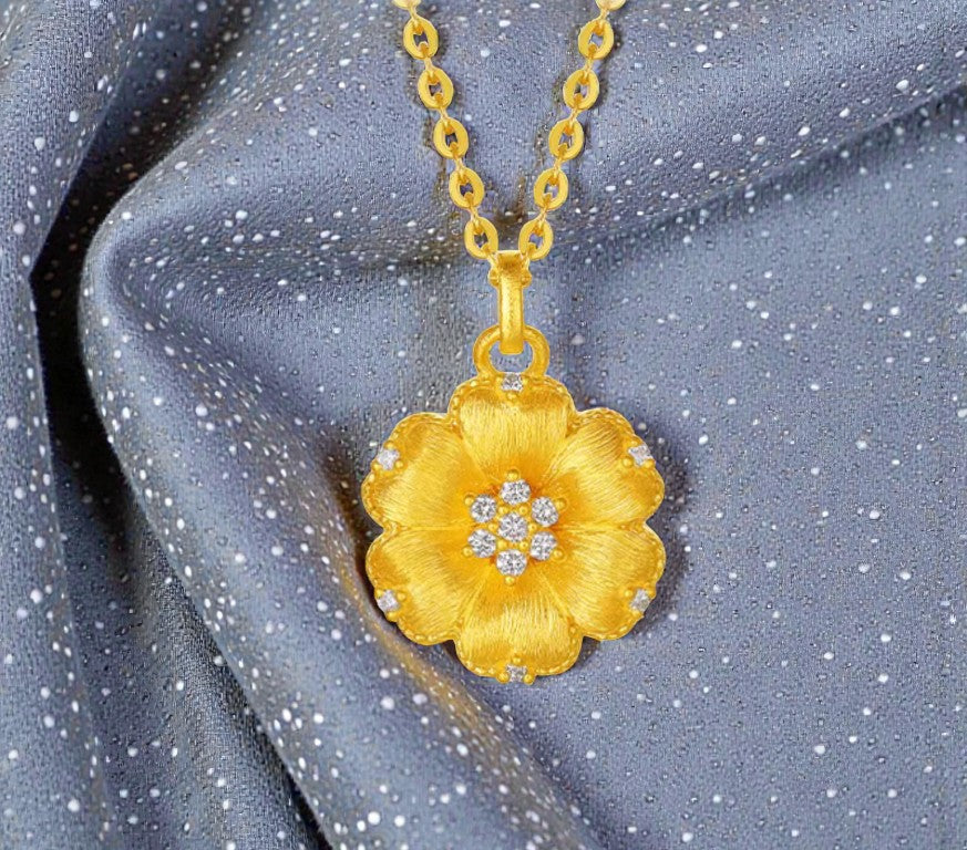 24K 999 5G Gold Flower Diamond Pendant Necklace