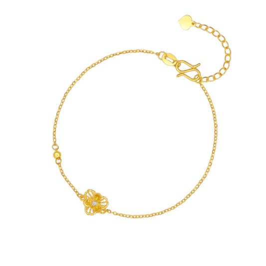 24K 999 Gold Lucky Clover Leaf Diamond Bracelet