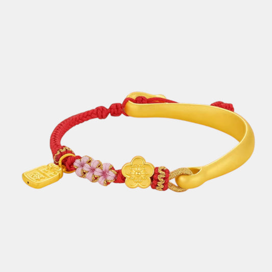 24K 999 3D Gold Cherry Blossom Charm Rope Bangle Bracelet