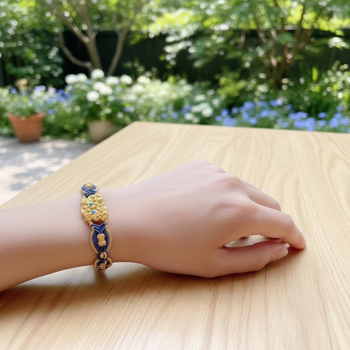 24k 999 Gold Beads Animal-mask Pattern Knot Hand-Woven Rope Bracelet