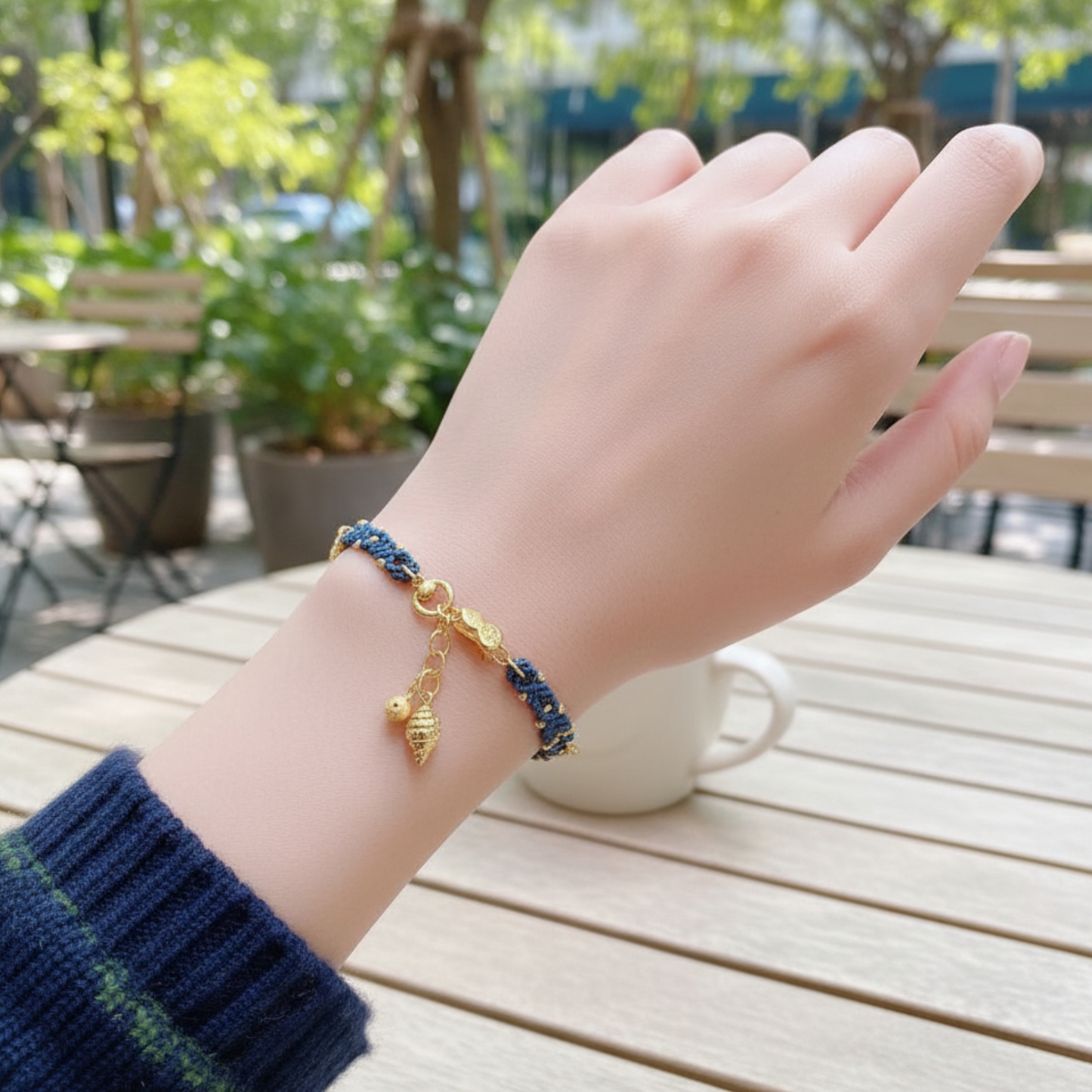 24k 999 Gold Beads Animal-mask Pattern Knot Hand-Woven Rope Bracelet