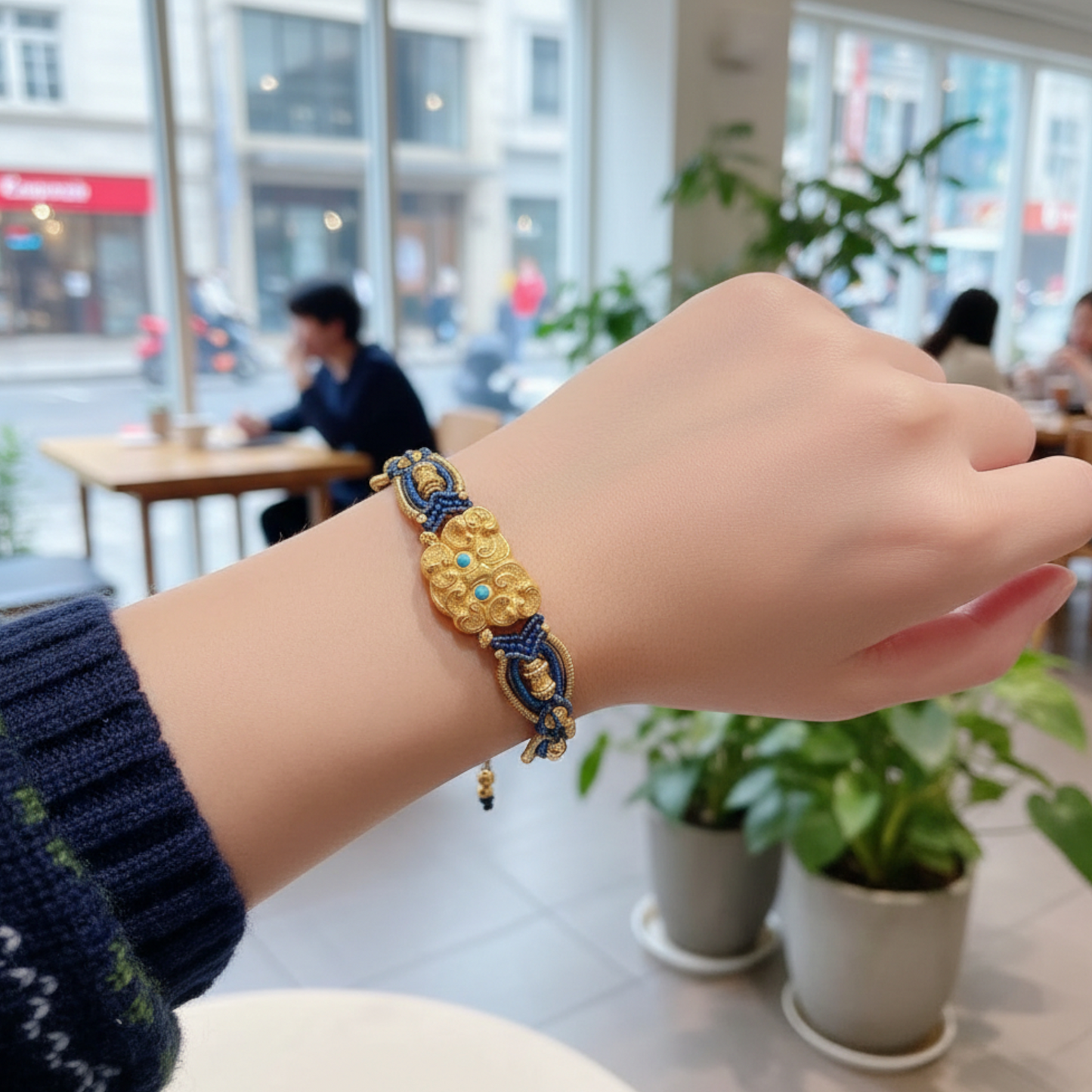 24k 999 Gold Beads Animal-mask Pattern Knot Hand-Woven Rope Bracelet