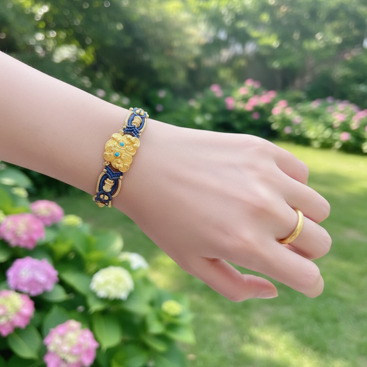 24k 999 Gold Beads Animal-mask Pattern Knot Hand-Woven Rope Bracelet