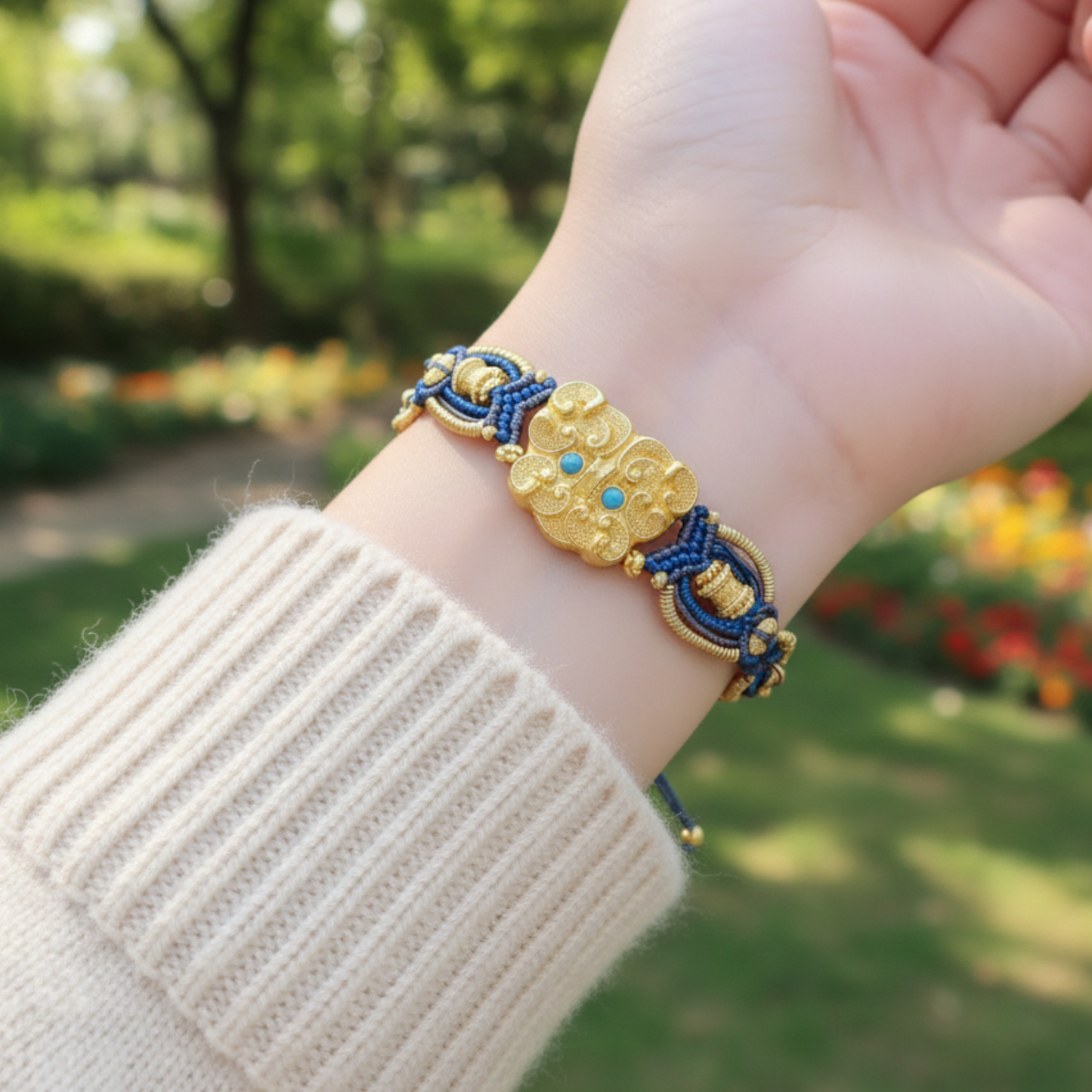 24k 999 Gold Beads Animal-mask Pattern Knot Hand-Woven Rope Bracelet