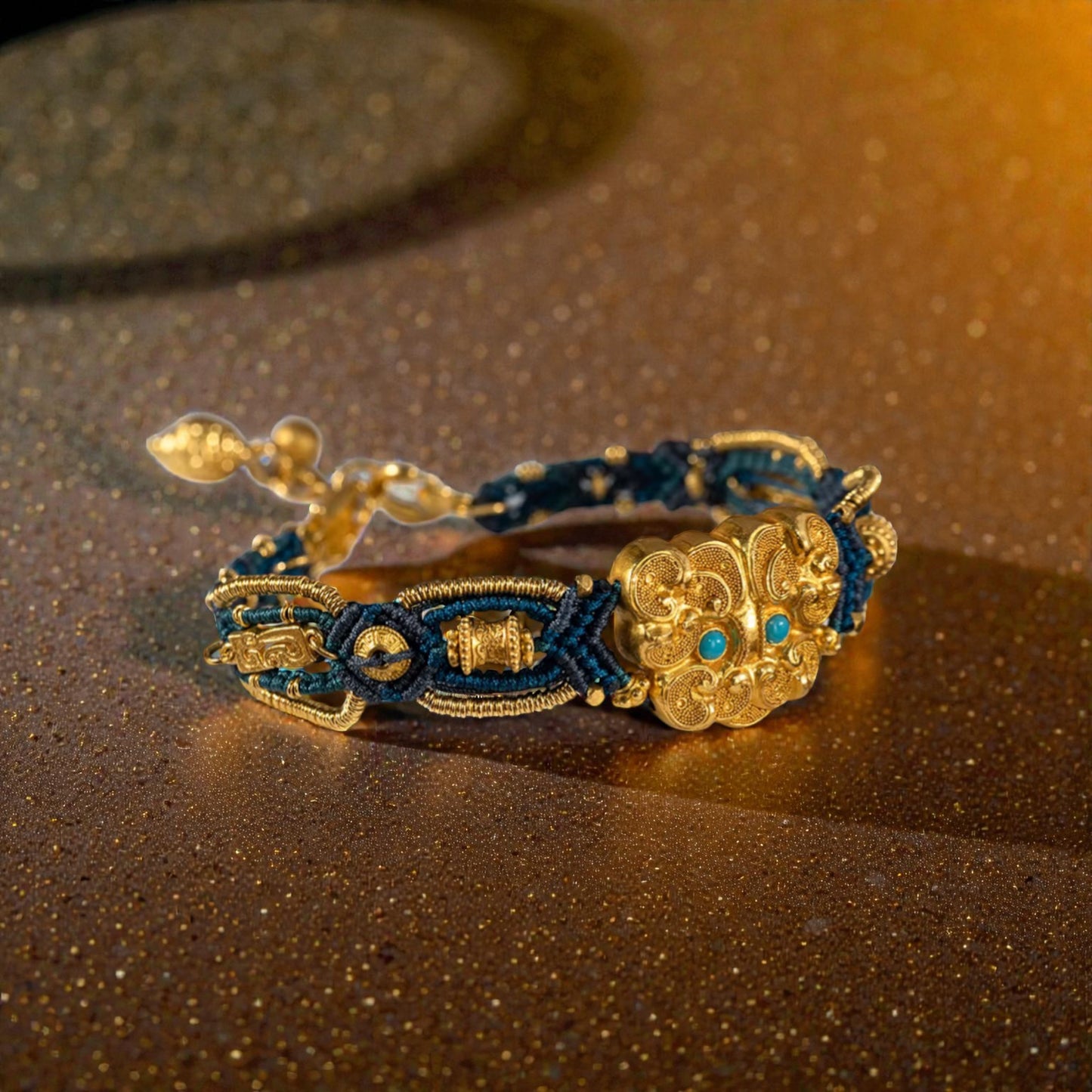 24k 999 Gold Beads Animal-mask Pattern Knot Hand-Woven Rope Bracelet