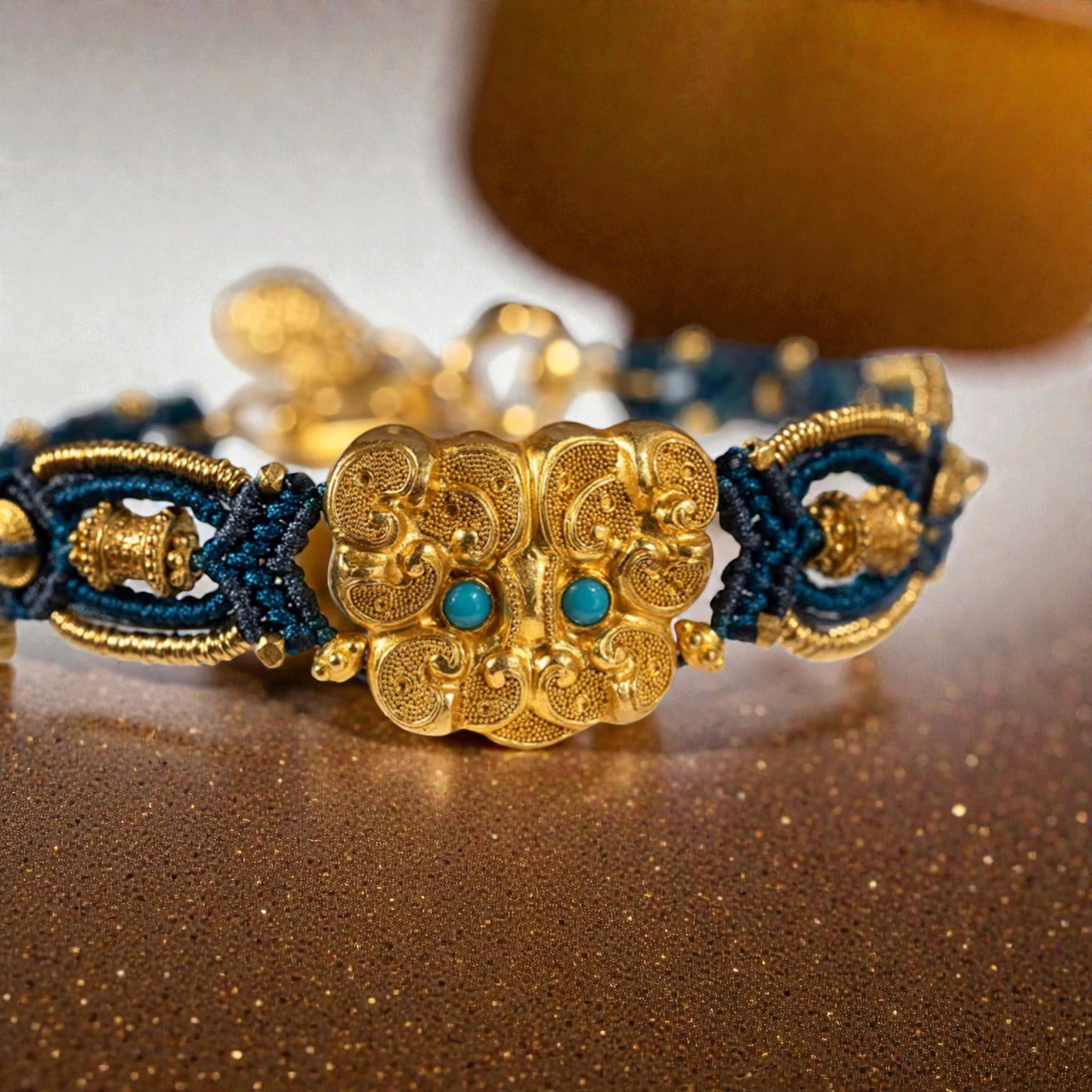 24k 999 Gold Beads Animal-mask Pattern Knot Hand-Woven Rope Bracelet
