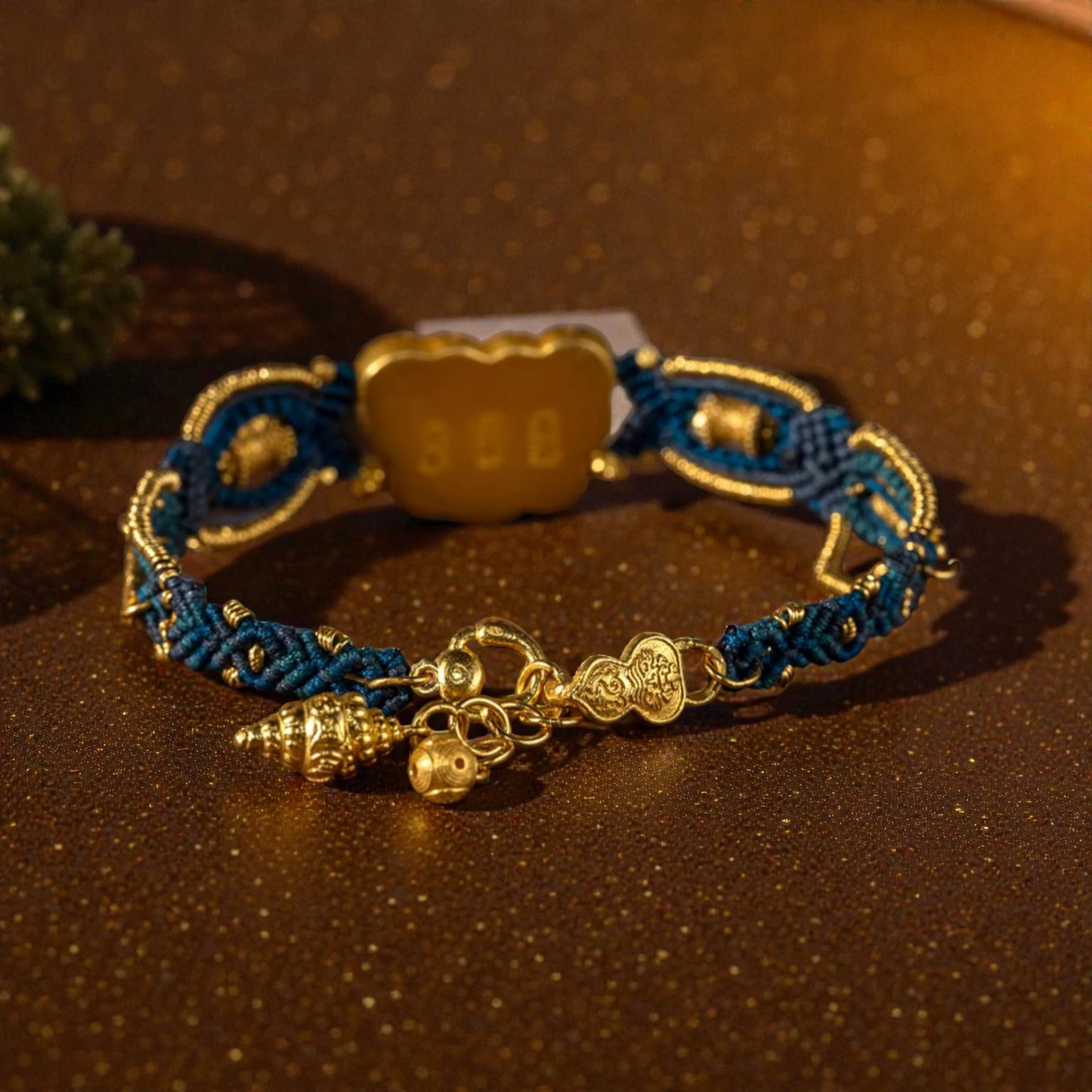 24k 999 Gold Beads Animal-mask Pattern Knot Hand-Woven Rope Bracelet
