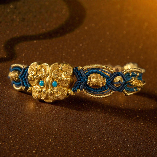 24k 999 Gold Beads Animal-mask Pattern Knot Hand-Woven Rope Bracelet