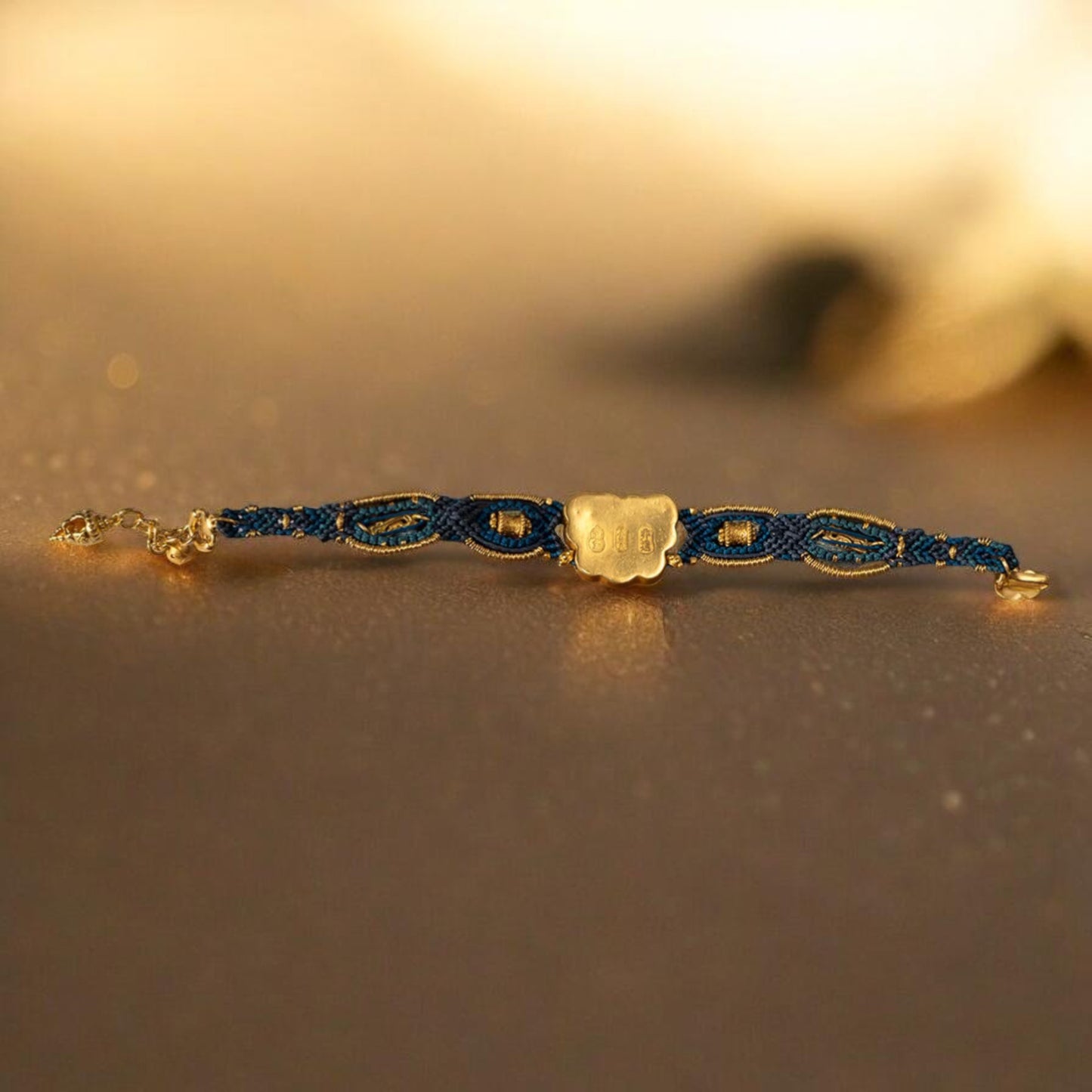 24k 999 Gold Beads Animal-mask Pattern Knot Hand-Woven Rope Bracelet