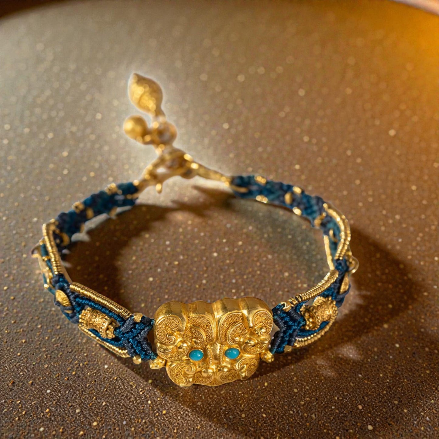 24k 999 Gold Beads Animal-mask Pattern Knot Hand-Woven Rope Bracelet