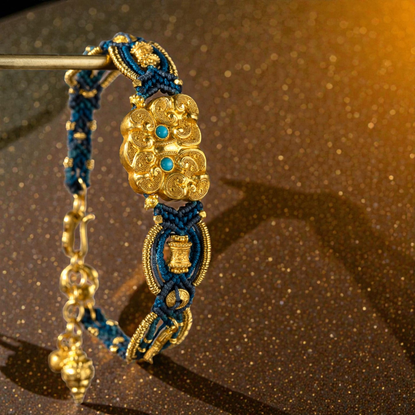 24k 999 Gold Beads Animal-mask Pattern Knot Hand-Woven Rope Bracelet