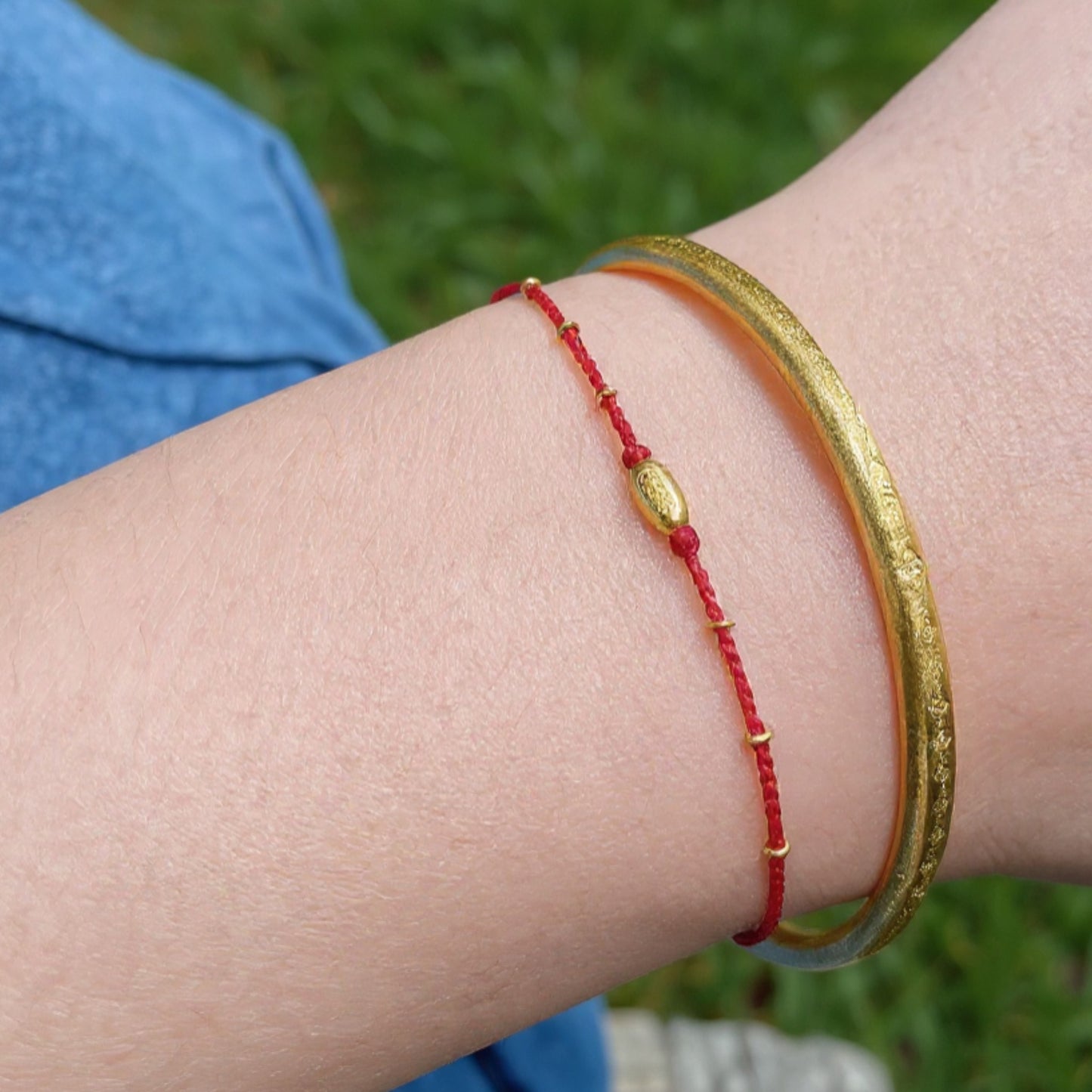 24k 999 Gold Beads Chinese "May your wish come true" Thin Rope Bracelet