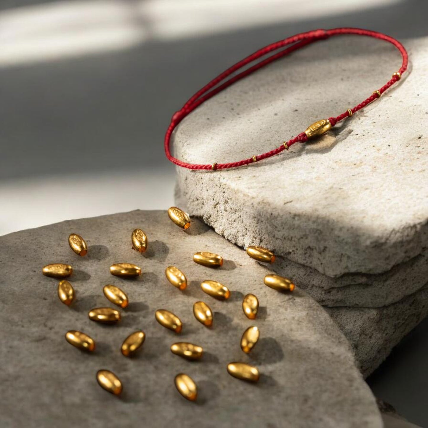 24k 999 Gold Beads Chinese "May your wish come true" Thin Rope Bracelet
