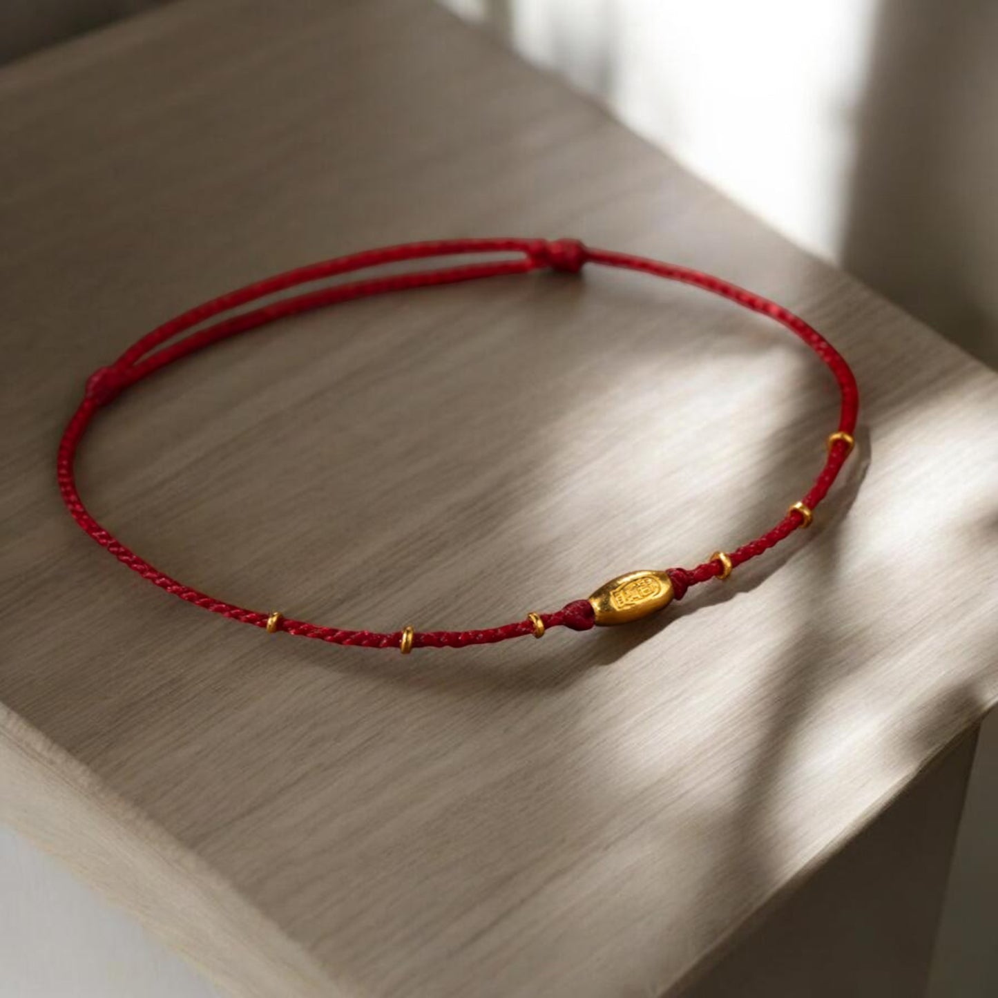 24k 999 Gold Beads Chinese "May your wish come true" Thin Rope Bracelet