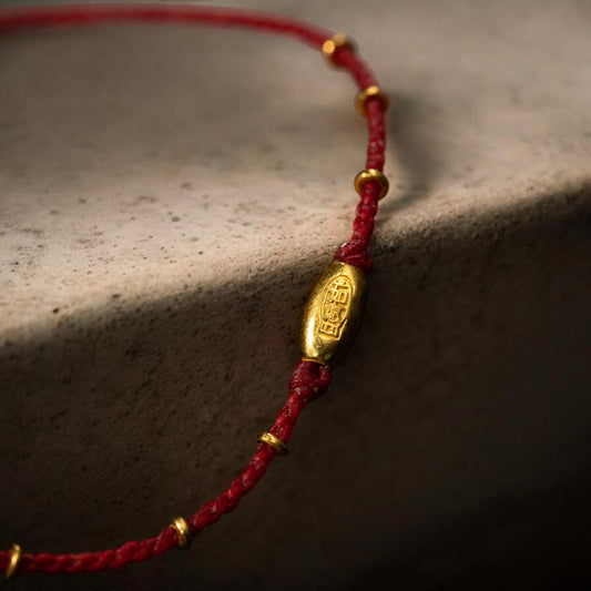 24k 999 Gold Beads Chinese "May your wish come true" Thin Rope Bracelet