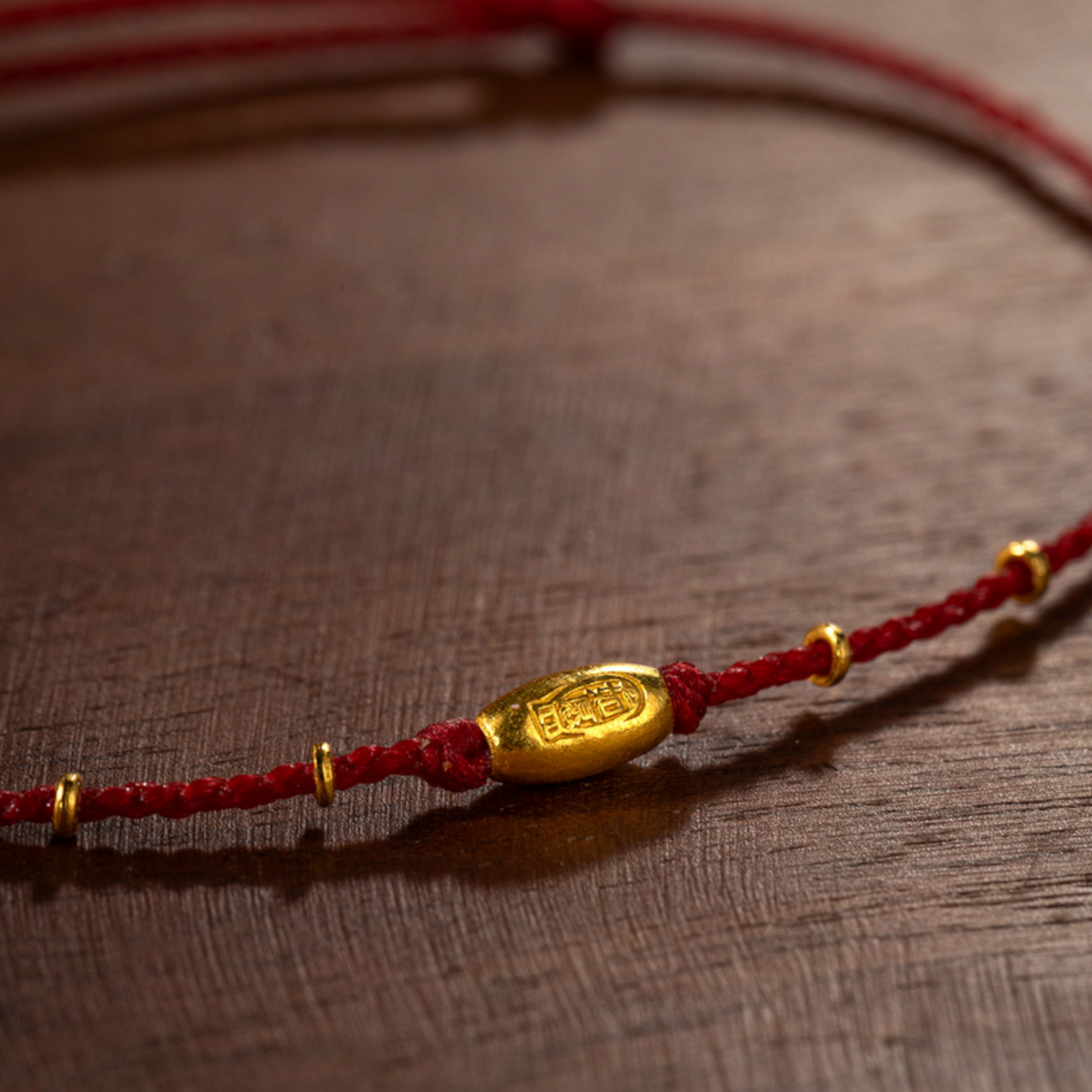 24k 999 Gold Beads Chinese "May your wish come true" Thin Rope Bracelet