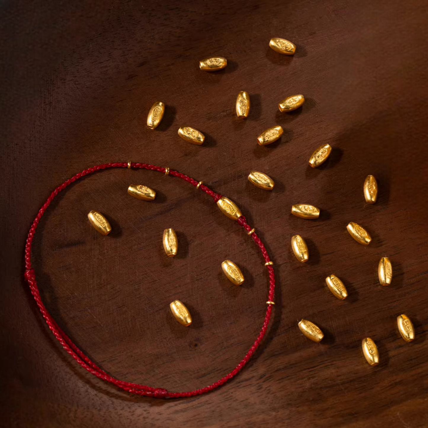 24k 999 Gold Beads Chinese "May your wish come true" Thin Rope Bracelet