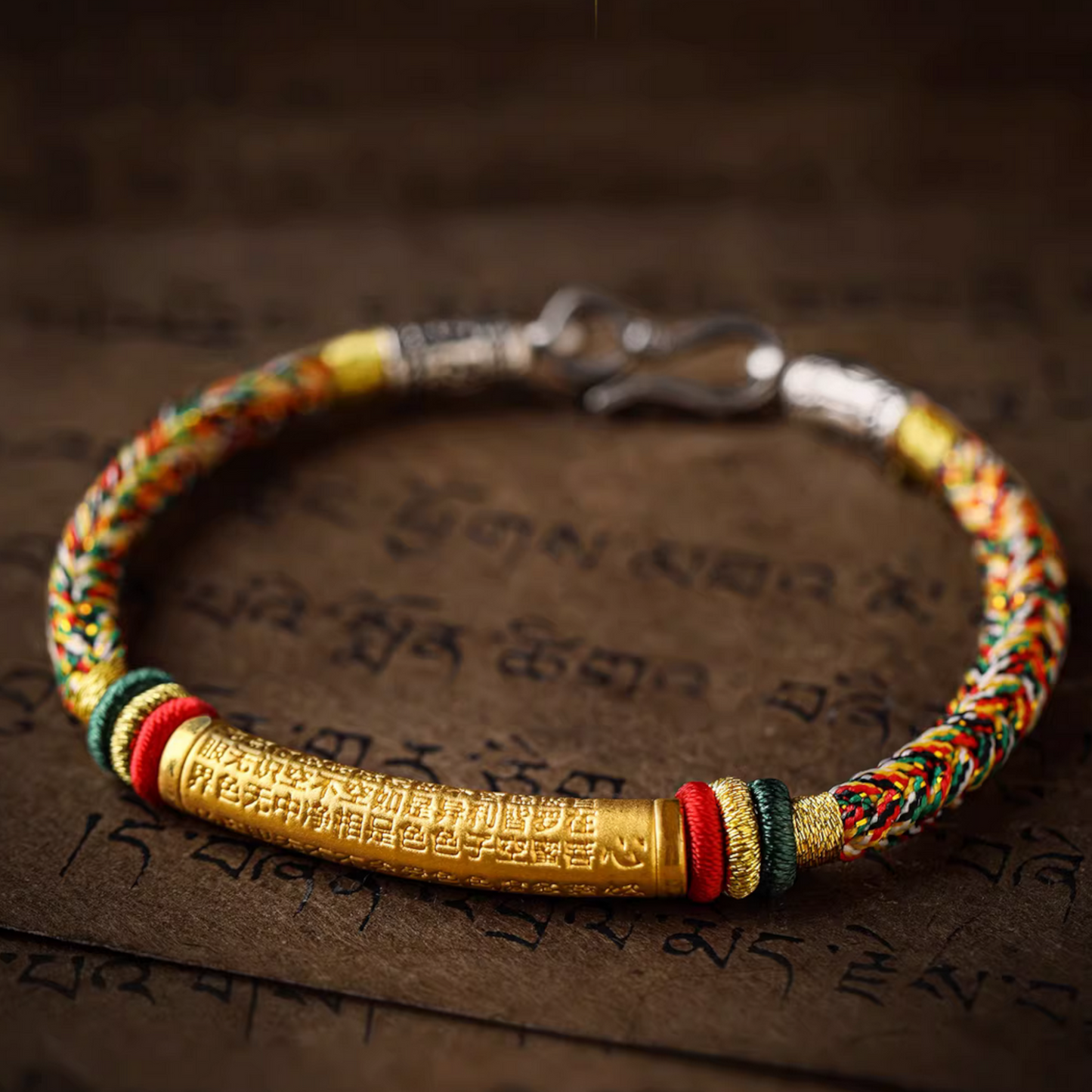 24k 999 Gold The Heart Sutra Charm Unisex Colorful Rope Bracelet