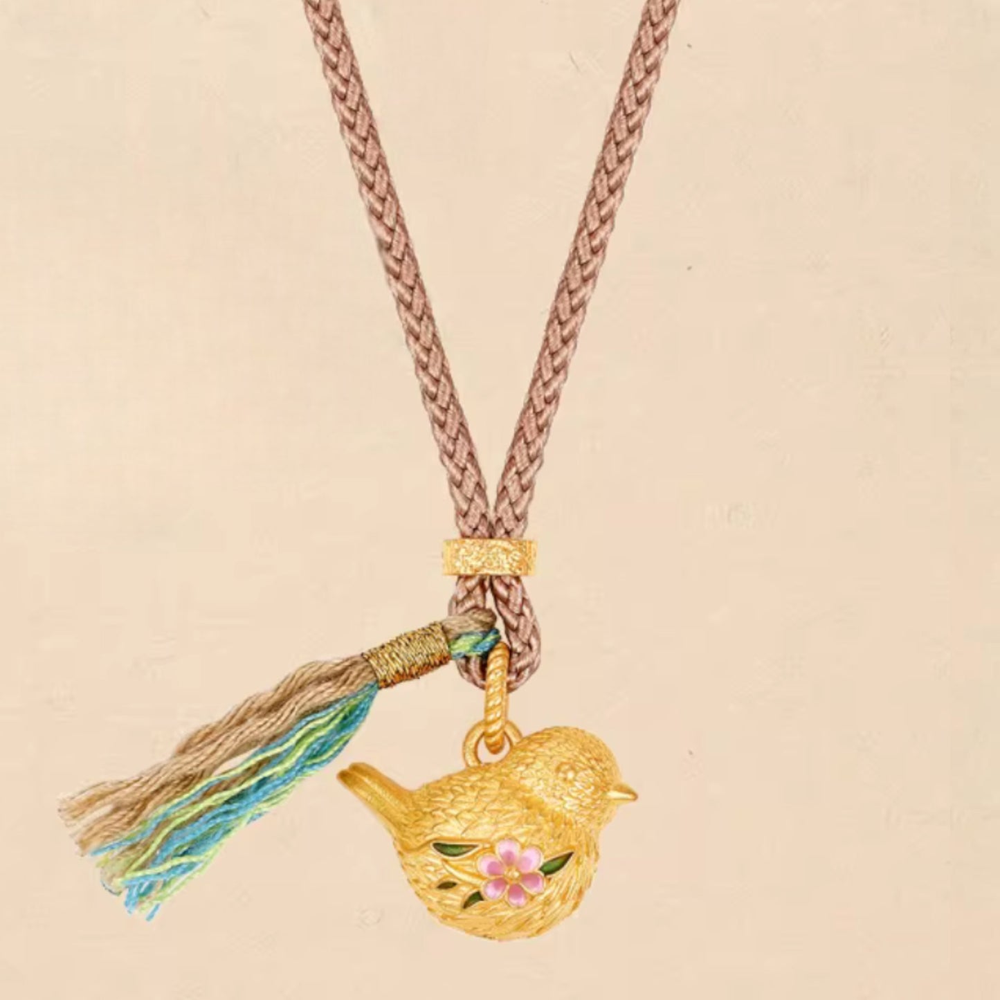 24k Gold Peach Blossom Enamel Bird Freedom Pendant