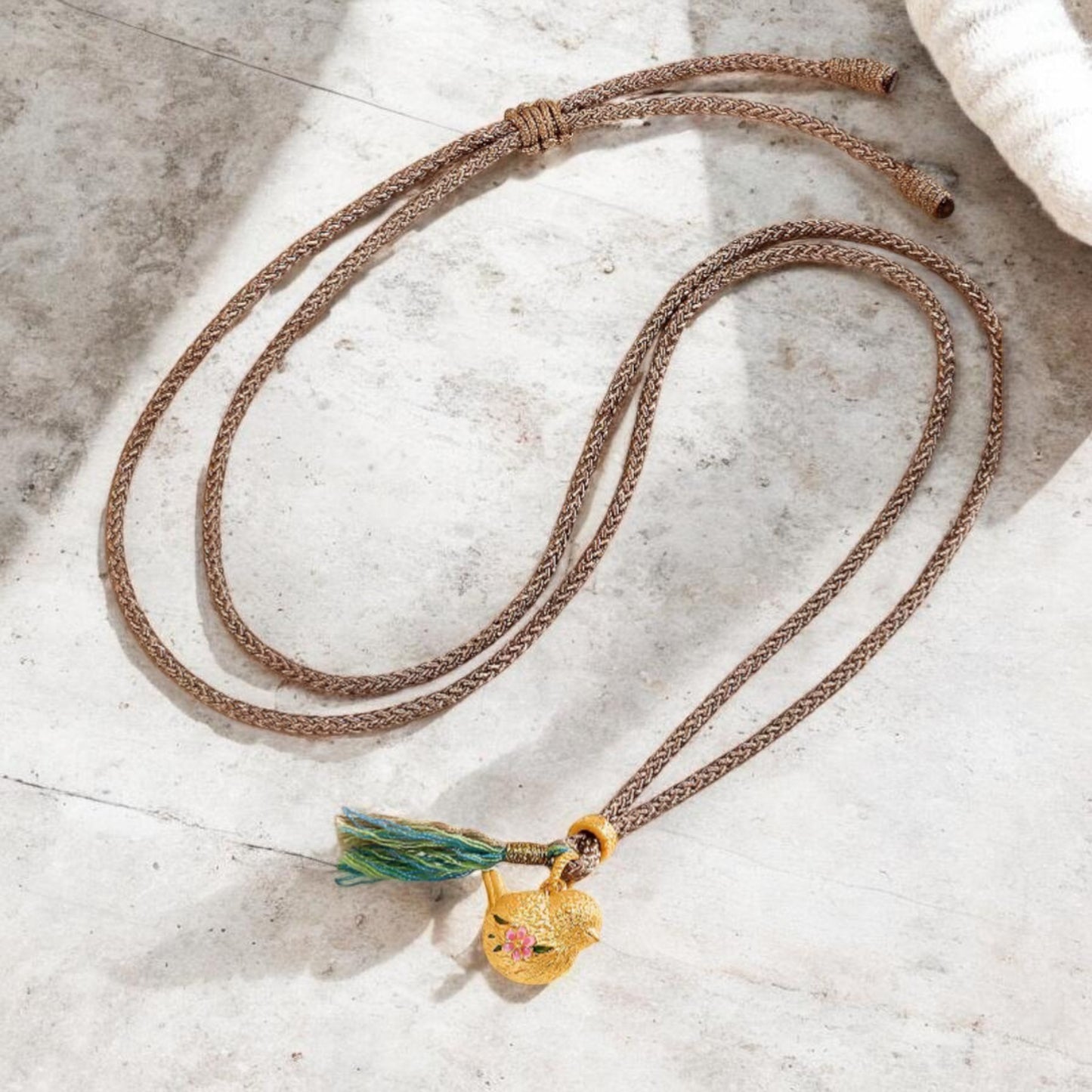 24k Gold Peach Blossom Enamel Bird Freedom Pendant