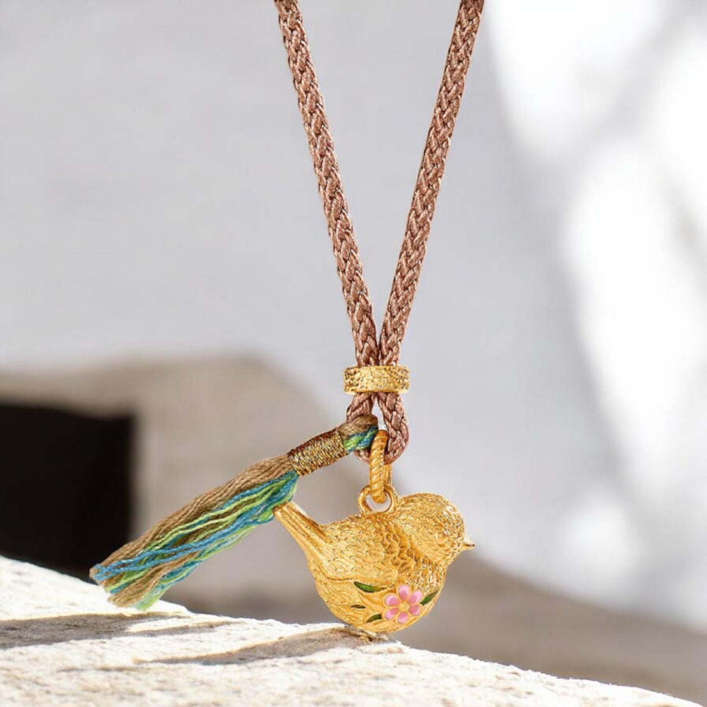 24k Gold Peach Blossom Enamel Bird Freedom Pendant