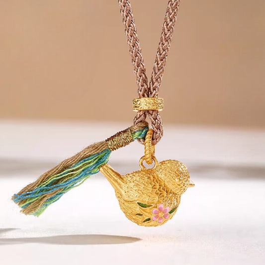 24k Gold Peach Blossom Enamel Bird Freedom Pendant