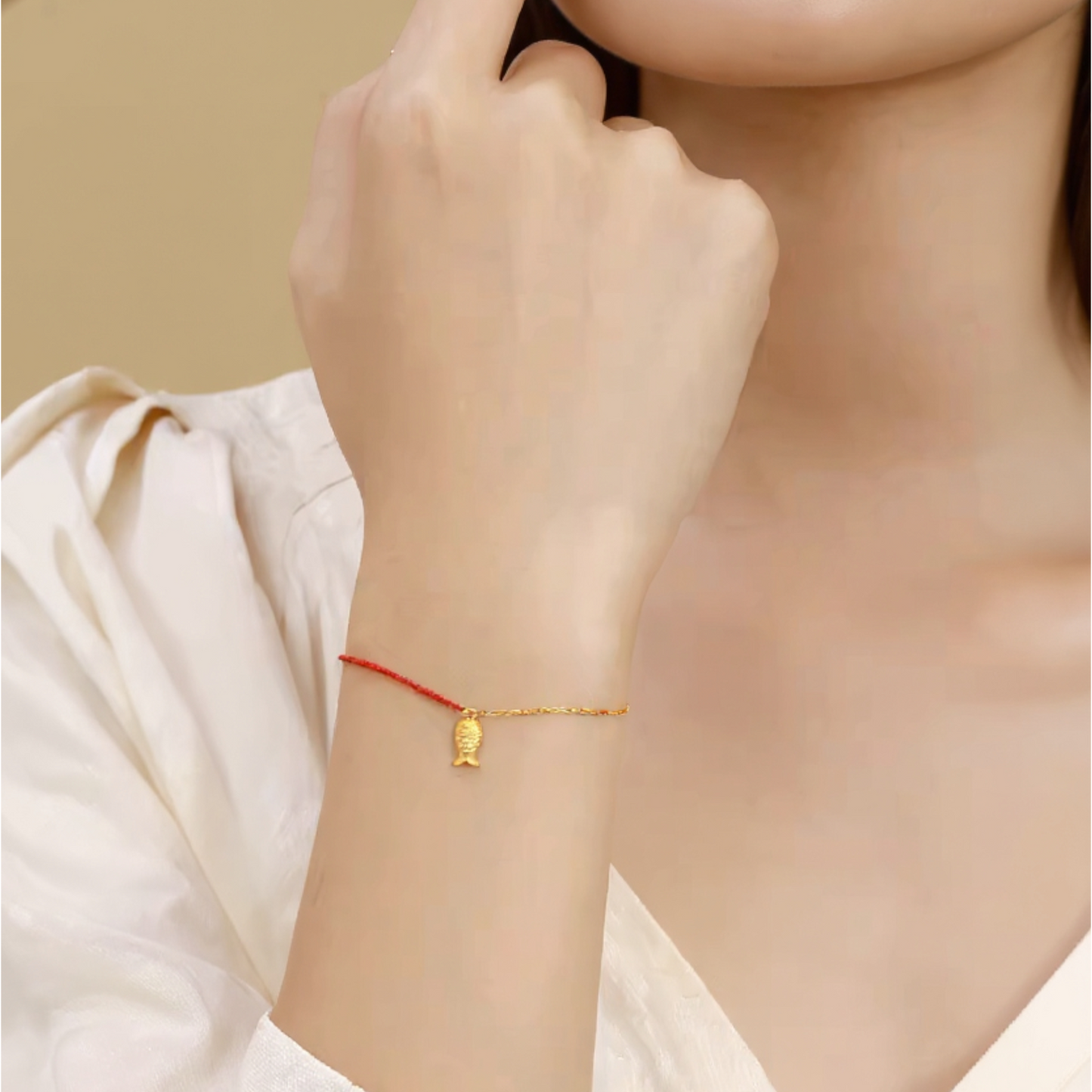24k Real Gold Lucky Fish Charm Chain and Rope Bracelet