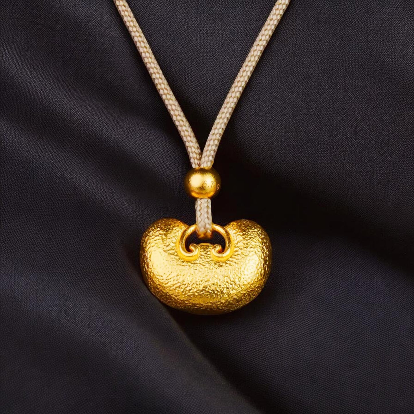 24k Gold Fortune Pendant Ingot Lock with Braided Rope Necklace