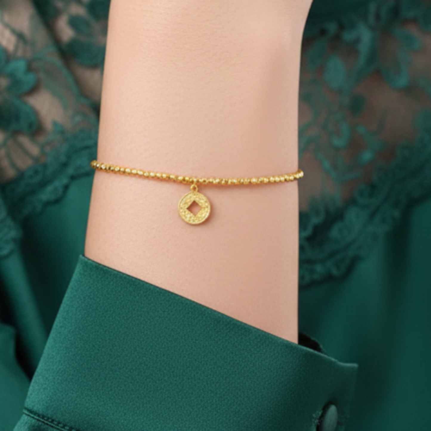 24k Real Gold Disco Beads Gourd Clover Coin Charm Bracelet
