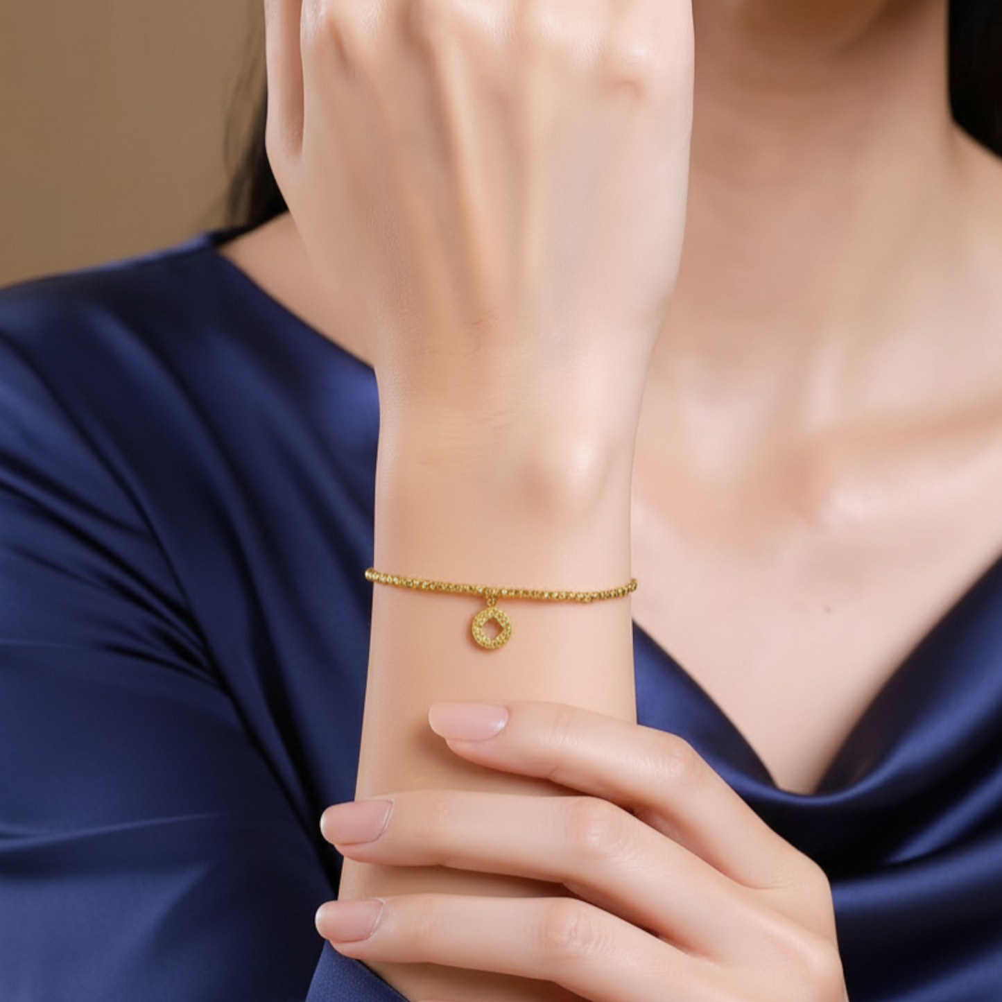 24k Real Gold Disco Beads Gourd Clover Coin Charm Bracelet