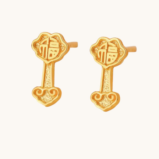 24K 999 Gold Ruyi Blessing Stud Earrings