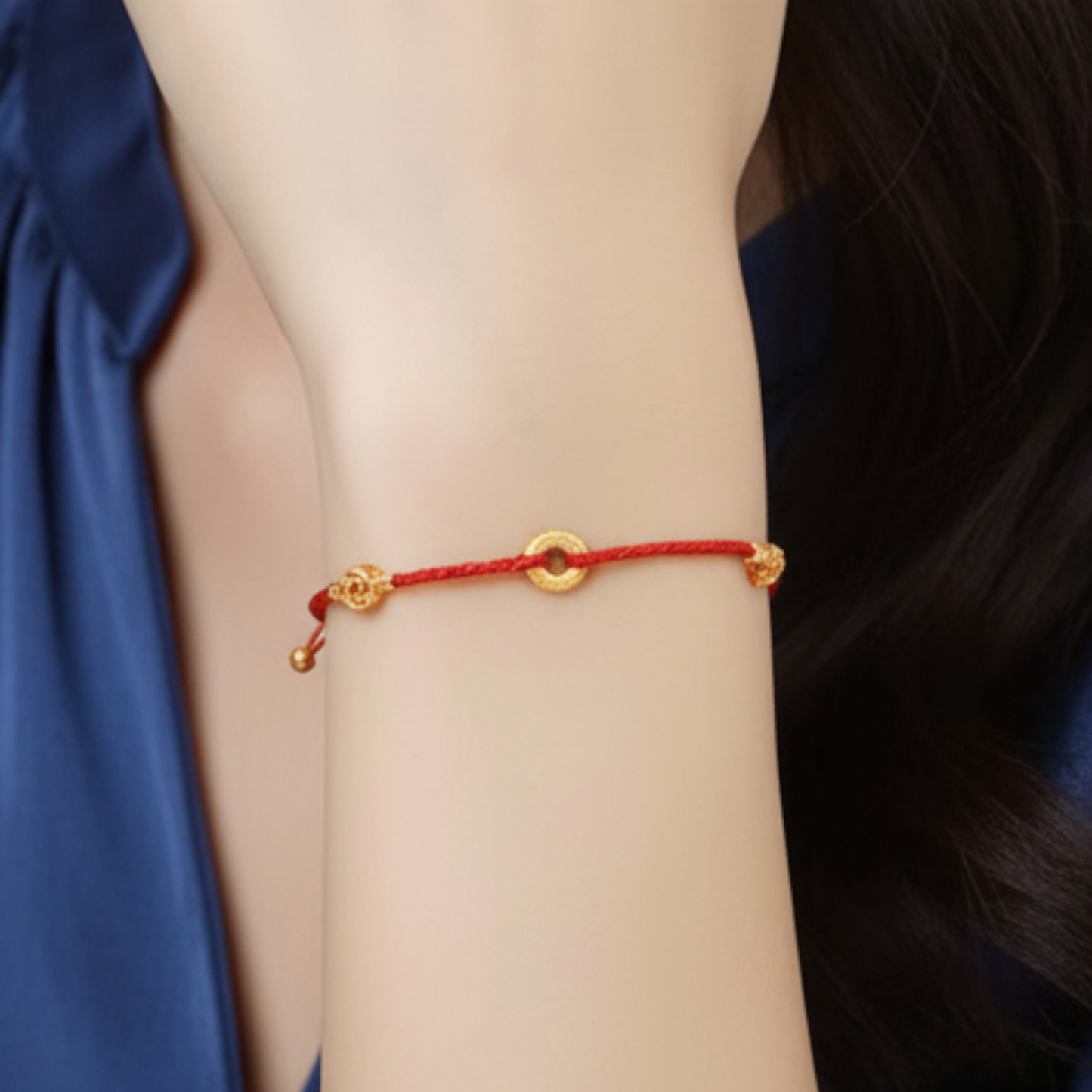 24k Real Gold Coin Bell Charm Red Braided Bracelet