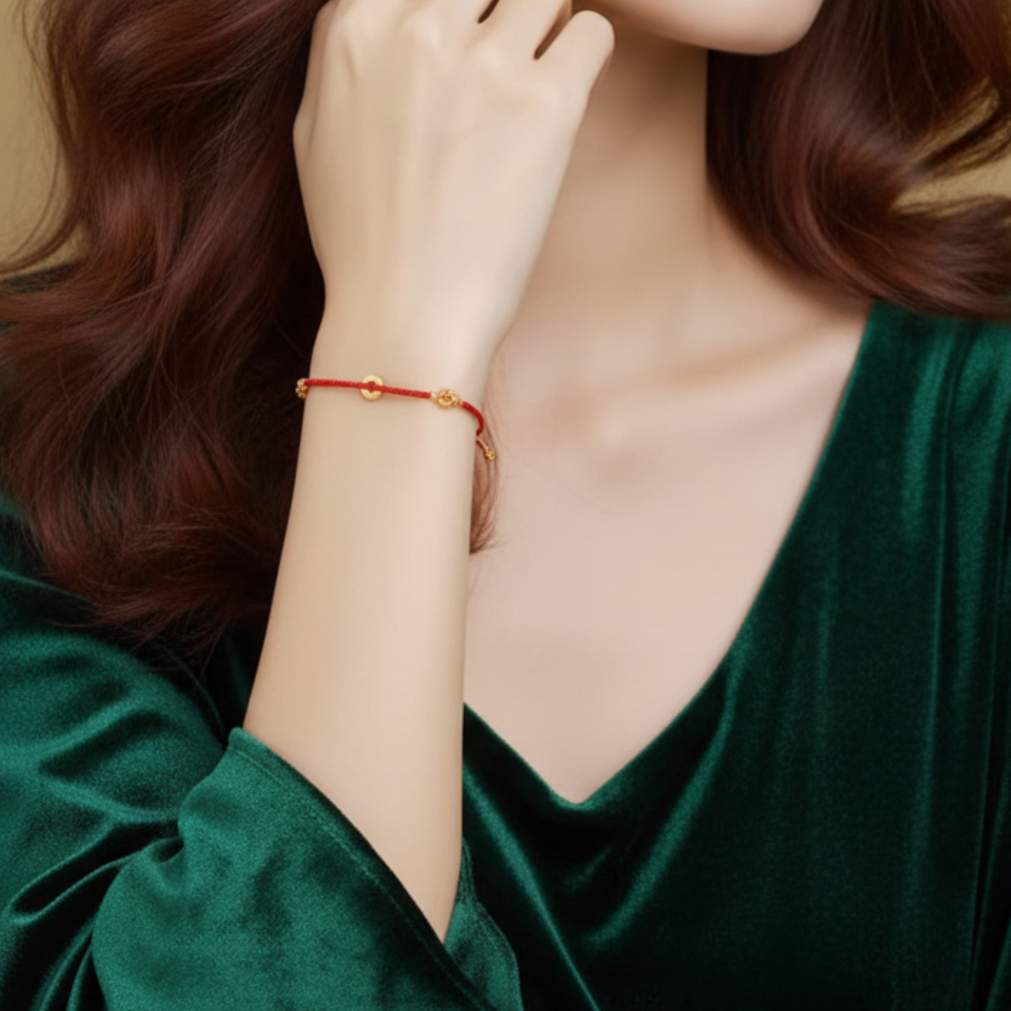 24k Real Gold Coin Bell Charm Red Braided Bracelet