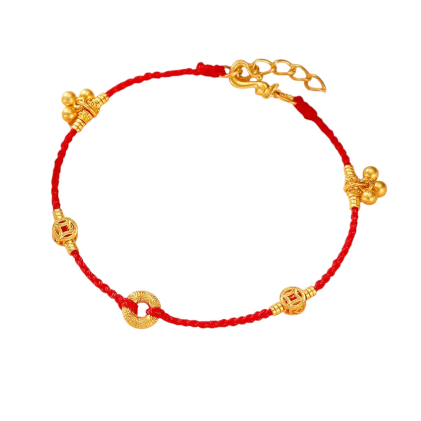 24k Real Gold Coin Bell Charm Red Braided Bracelet