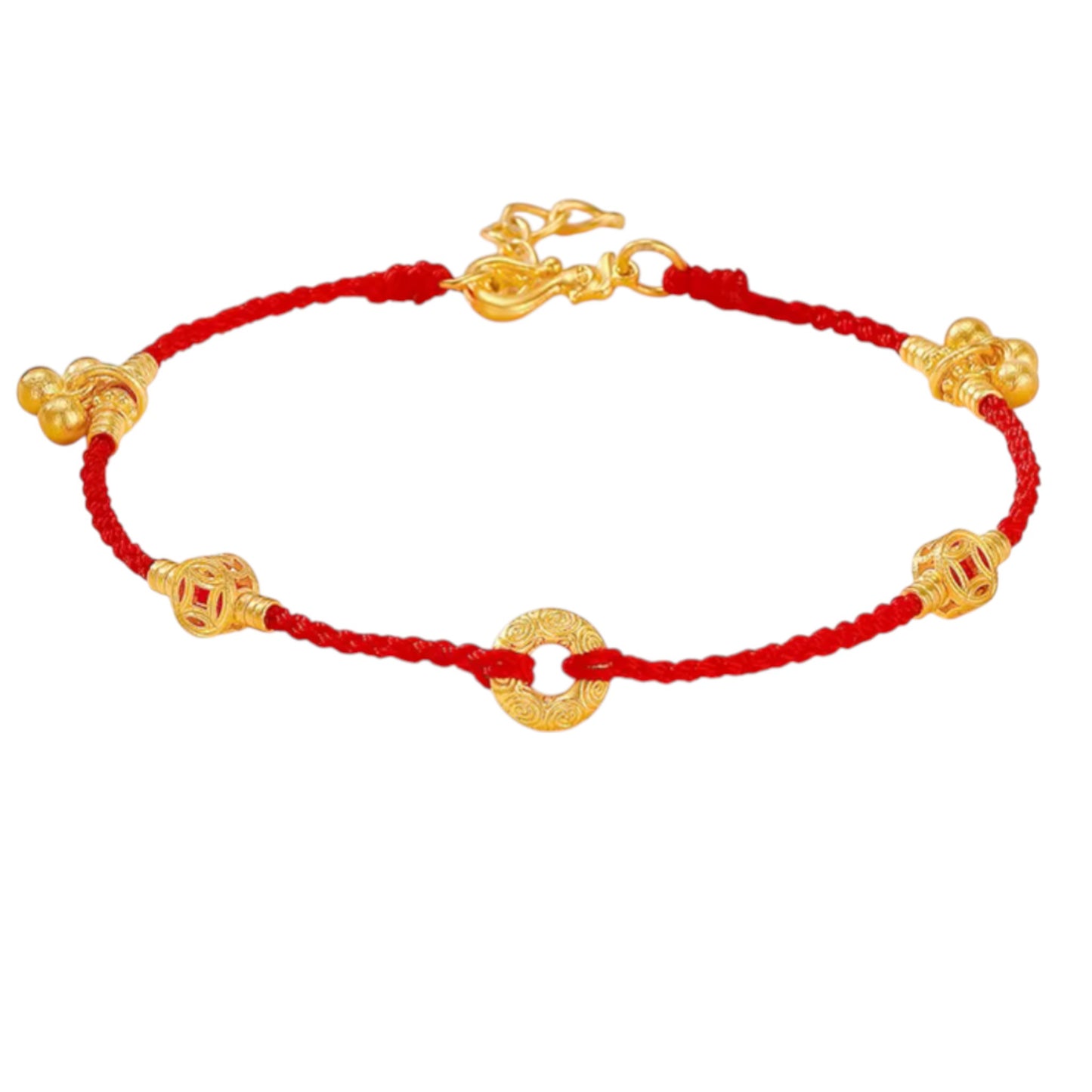 24k Real Gold Coin Bell Charm Red Braided Bracelet