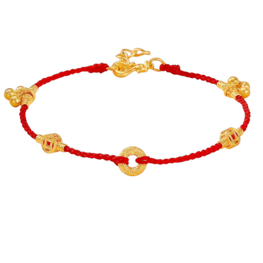 24k Real Gold Coin Bell Charm Red Braided Bracelet