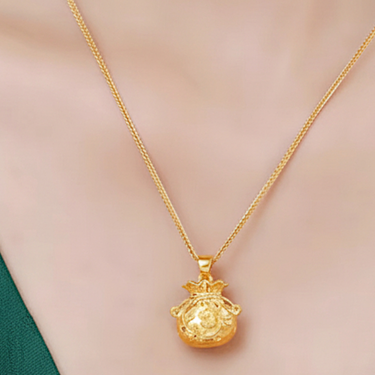 24k Gold Lucky Fu Blessing Coin Bag with Flower Engraved Pendant