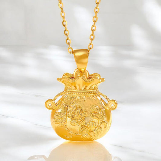24k Gold Lucky Fu Blessing Coin Bag with Flower Engraved Pendant
