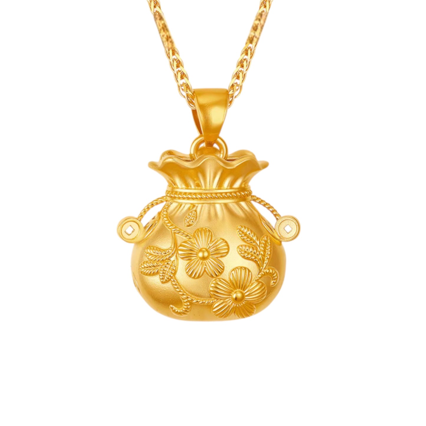 24k Gold Lucky Fu Blessing Coin Bag with Flower Engraved Pendant